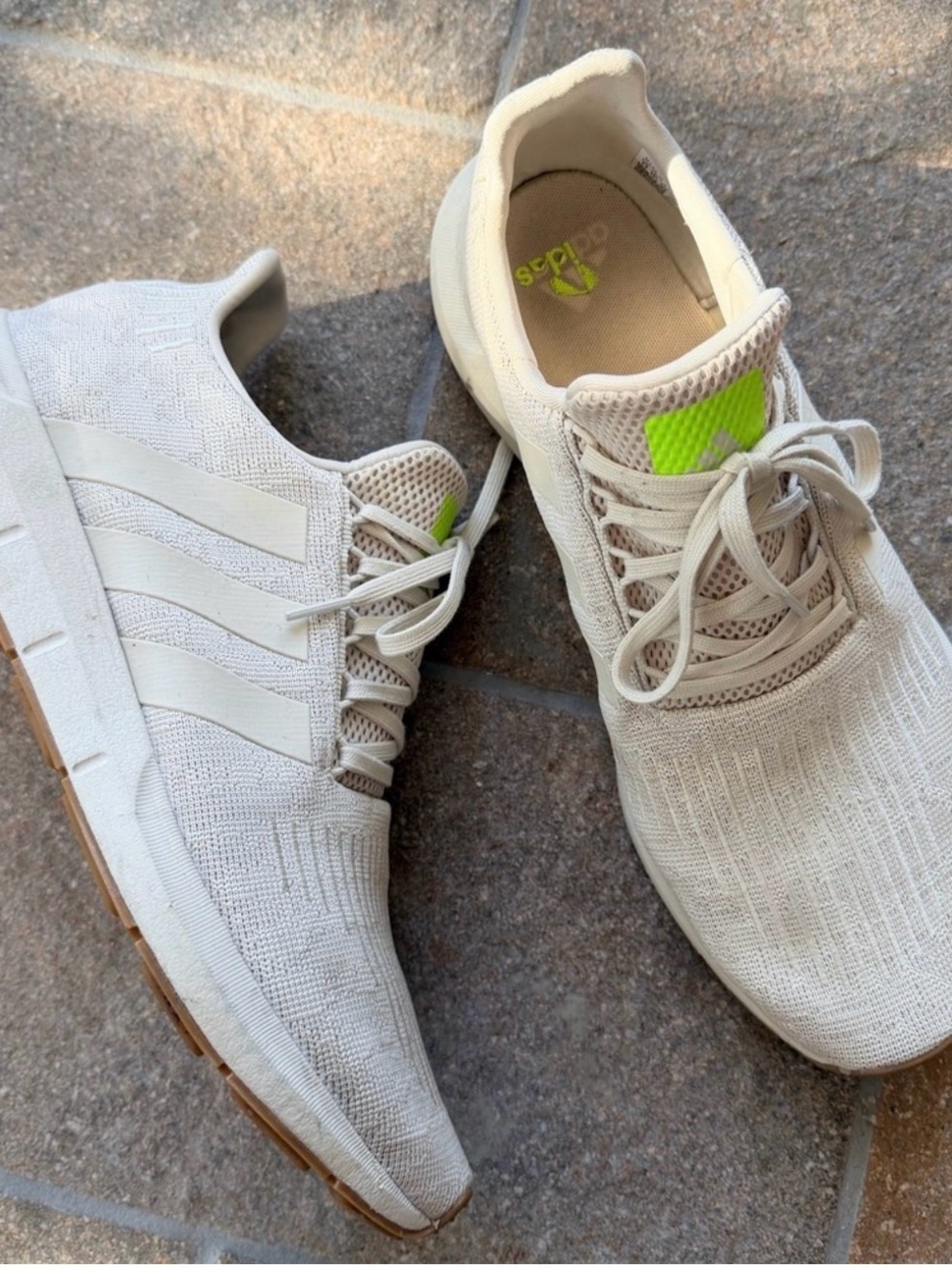 Adidas Men’s Neutral Beige Knit Running Shoes with Neon Accent